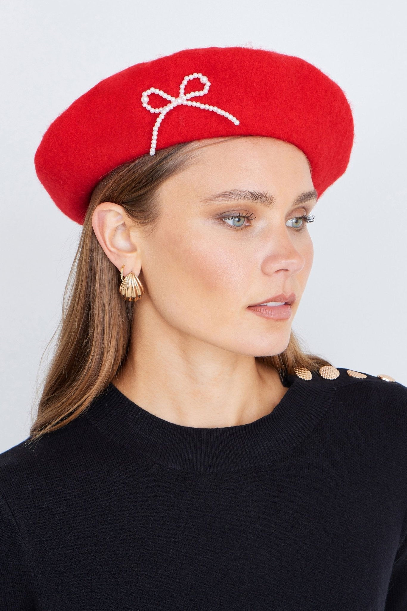 Yumi Red Pearl Bow Beret - Popular trends empire