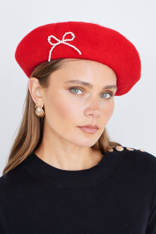 Yumi Red Pearl Bow Beret - Popular trends empire