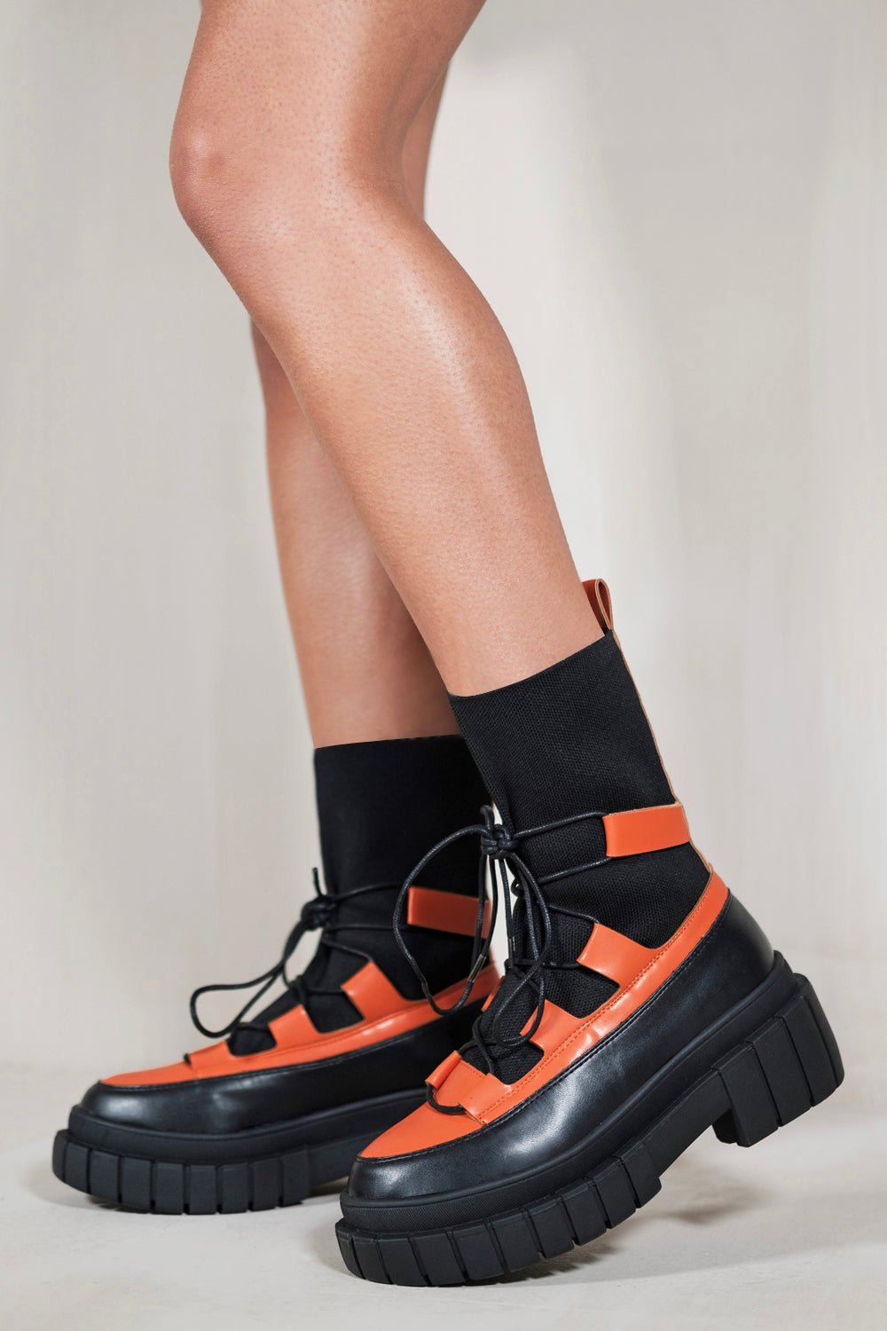 ZURI LACE UP KNITTED CHUNKY SOLE ANKLE BOOTS IN ORANGE - Popular trends empire